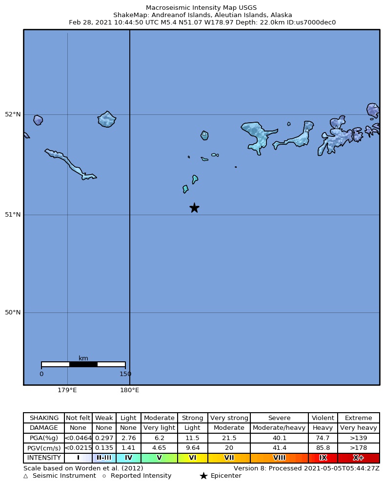 USGS ShakeMap: estimated shaking intensity around the epicenter