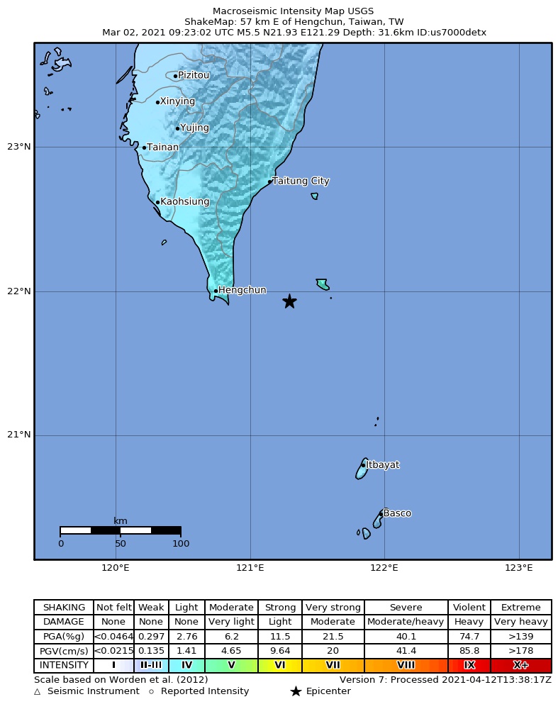 USGS ShakeMap intensity contours for the M5.5 earthquake near 57 km E of Hengchun, Taiwan