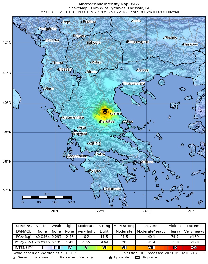 USGS ShakeMap intensity contours for the M6.3 earthquake near 9 km W of Týrnavos, Greece