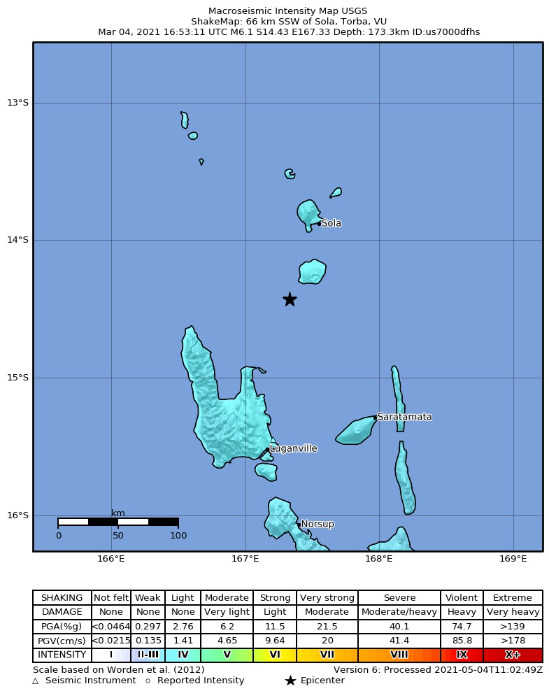 USGS ShakeMap intensity contours for the M6.1 earthquake near 66 km SSW of Sola, Vanuatu