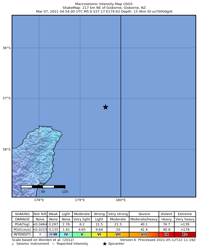 USGS ShakeMap intensity contours for the M5.6 earthquake near 217 km NE of Gisborne, New Zealand