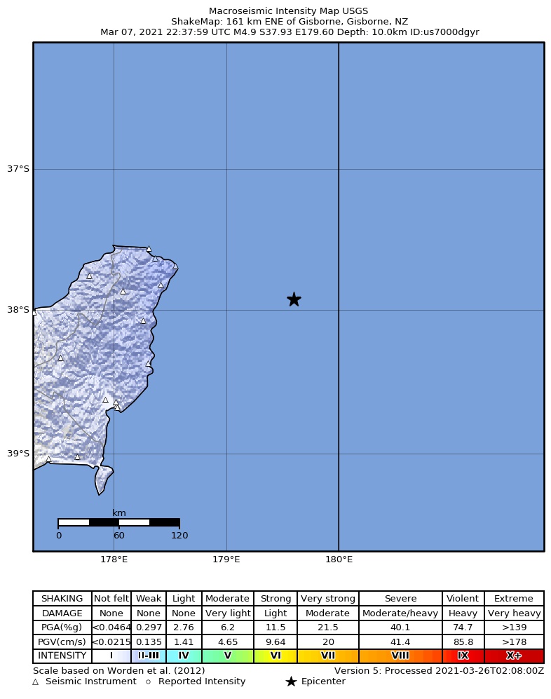 USGS ShakeMap intensity contours for the M4.9 earthquake near 161 km ENE of Gisborne, New Zealand
