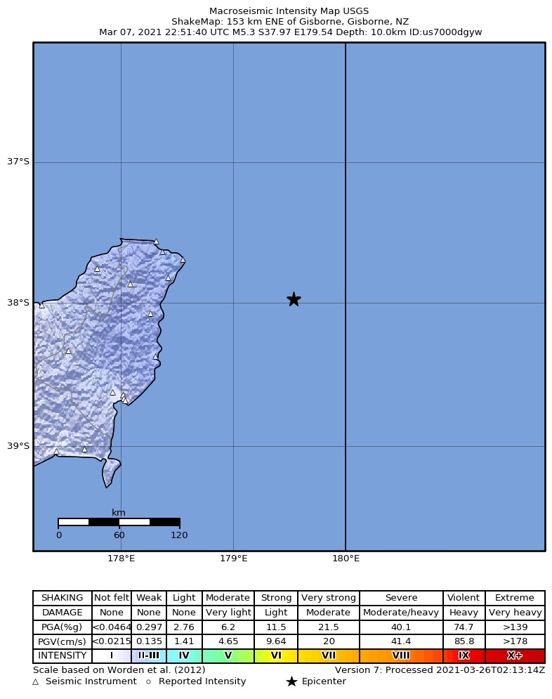 USGS ShakeMap intensity contours for the M5.3 earthquake near 153 km ENE of Gisborne, New Zealand