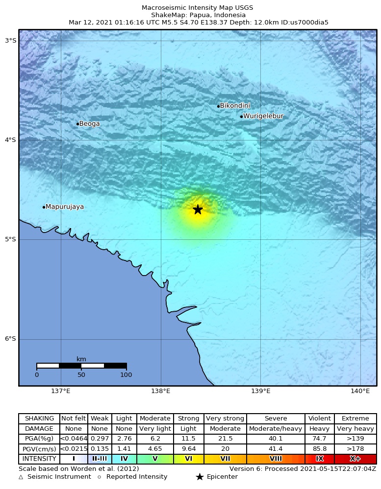 USGS ShakeMap intensity contours for the M5.5 earthquake near Papua, Indonesia