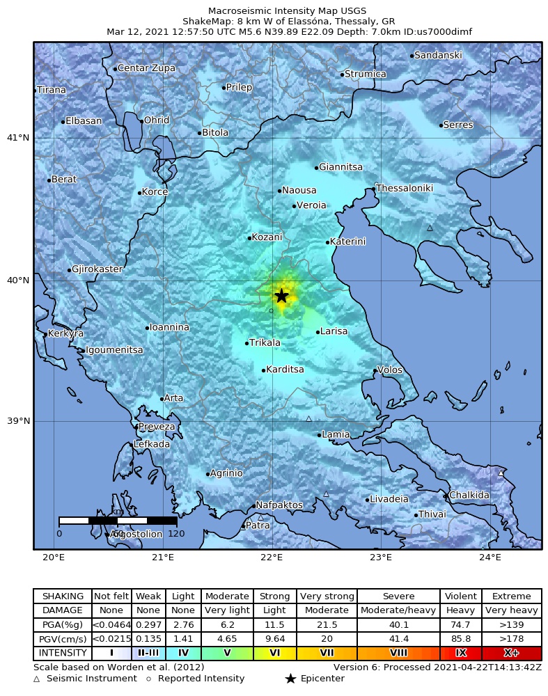 USGS ShakeMap intensity contours for the M5.6 earthquake near 8 km W of Elassóna, Greece