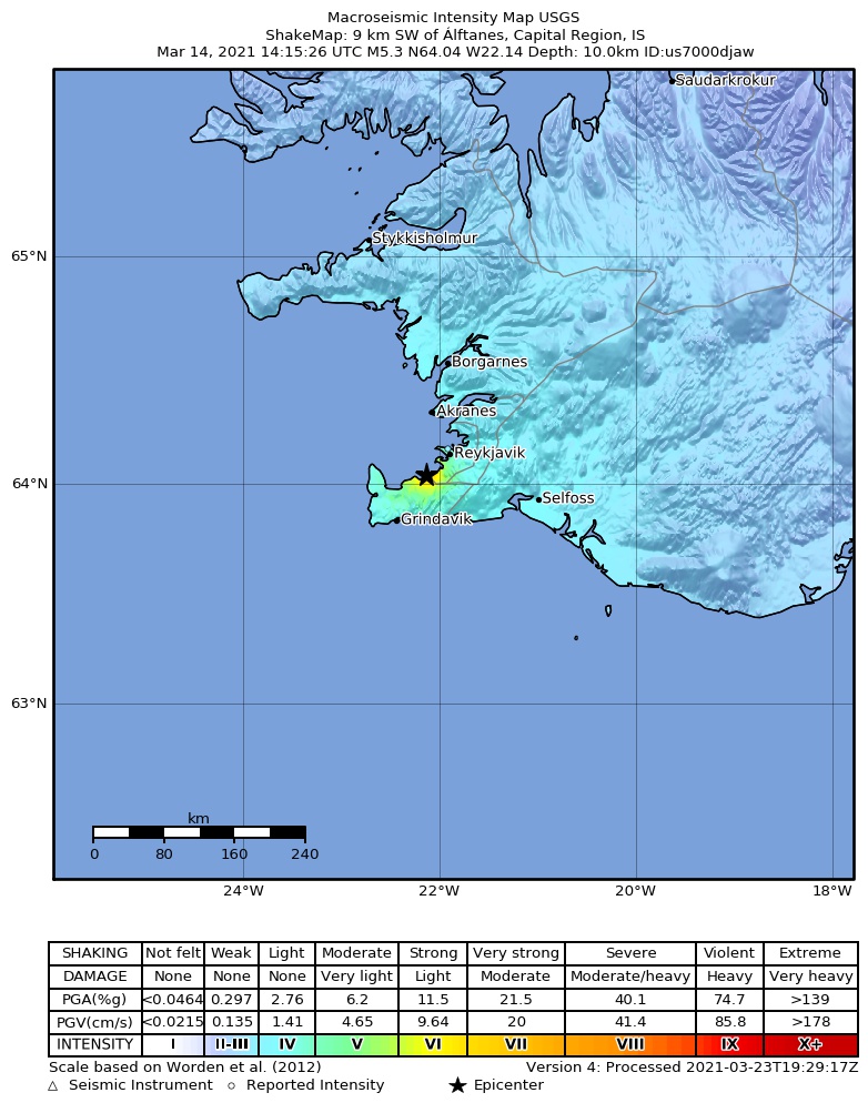 USGS ShakeMap intensity contours for the M5.3 earthquake near 9 km SW of Álftanes, Iceland