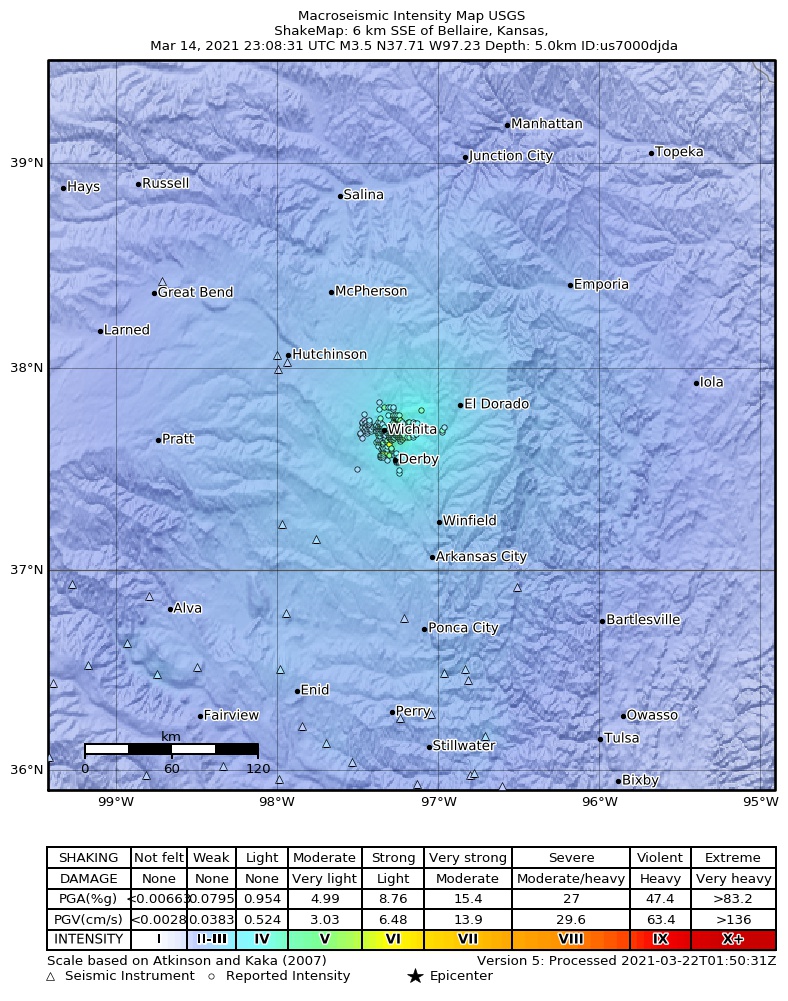 USGS ShakeMap intensity contours for the M3.5 earthquake near 3 km NE of Eastborough, Kansas