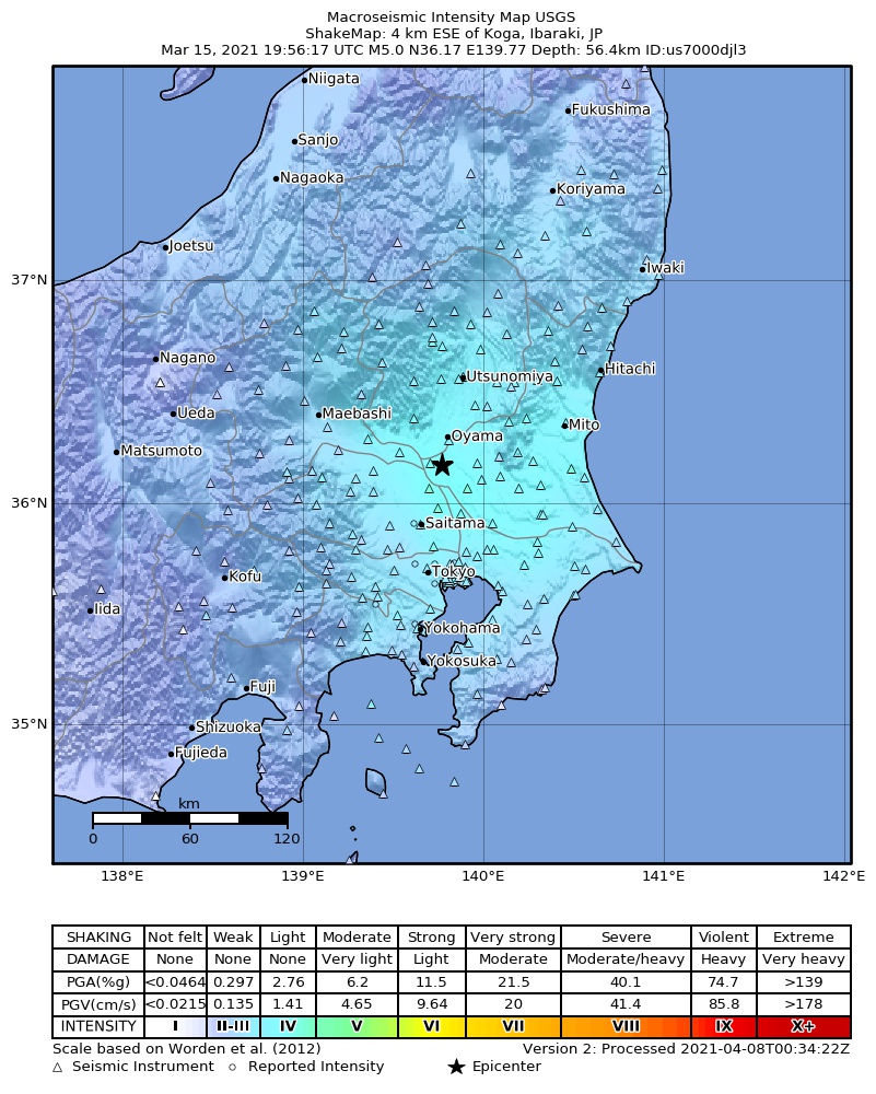 USGS ShakeMap intensity contours for the M5.0 earthquake near 4 km ESE of Koga, Japan