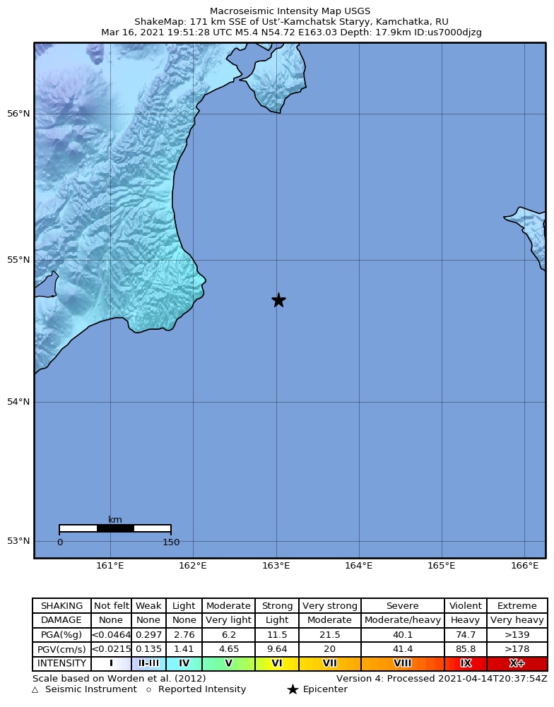 USGS ShakeMap intensity contours for the M5.4 earthquake near 171 km SSE of Ust’-Kamchatsk Staryy, Russia