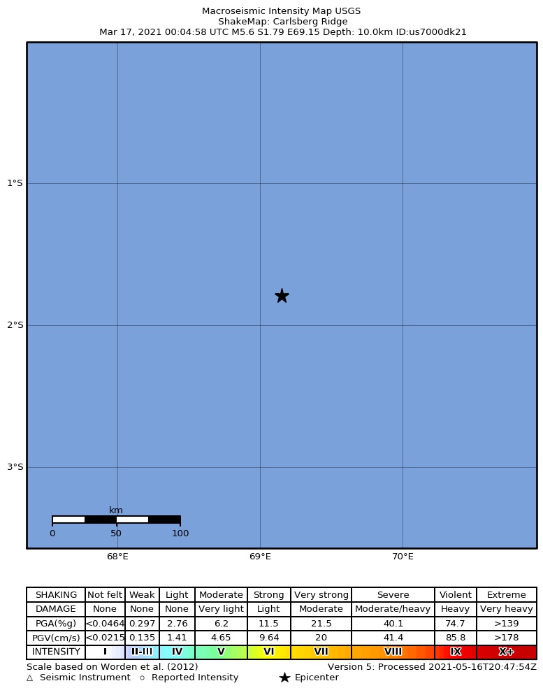 USGS ShakeMap intensity contours for the M5.6 earthquake near Carlsberg Ridge