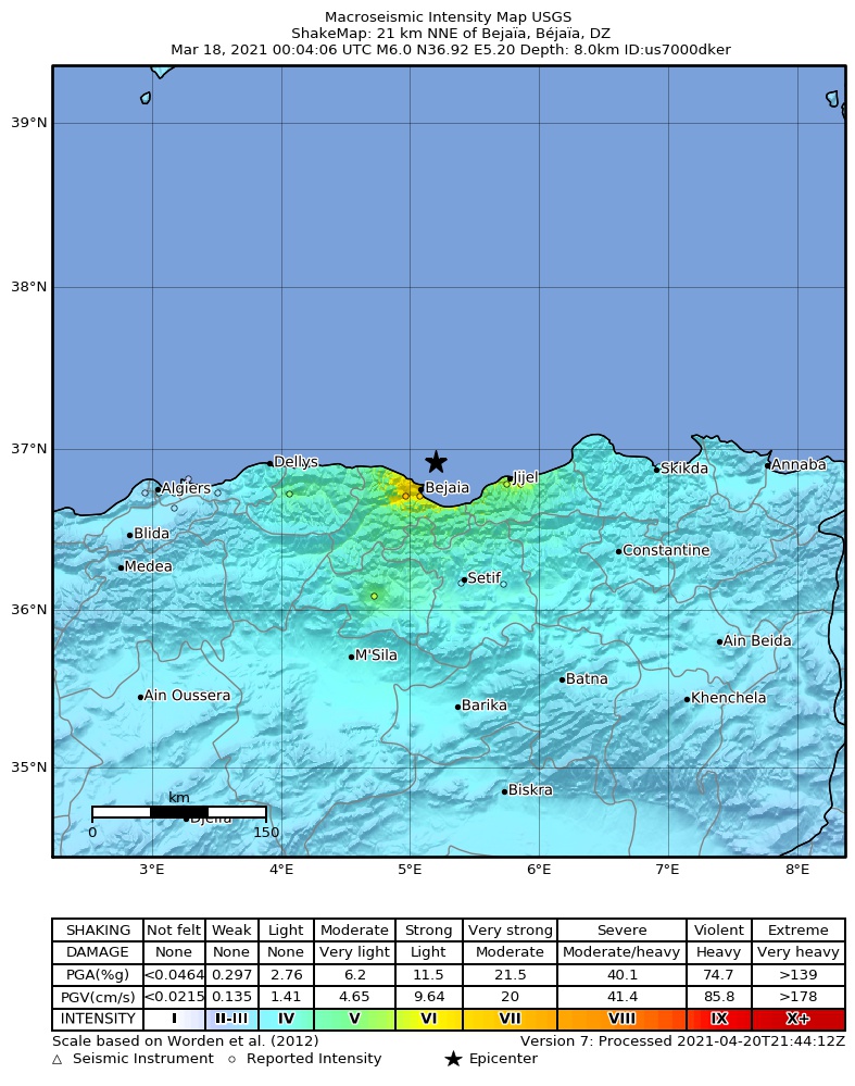 USGS ShakeMap intensity contours for the M6.0 earthquake near 21 km NNE of Bejaïa, Algeria