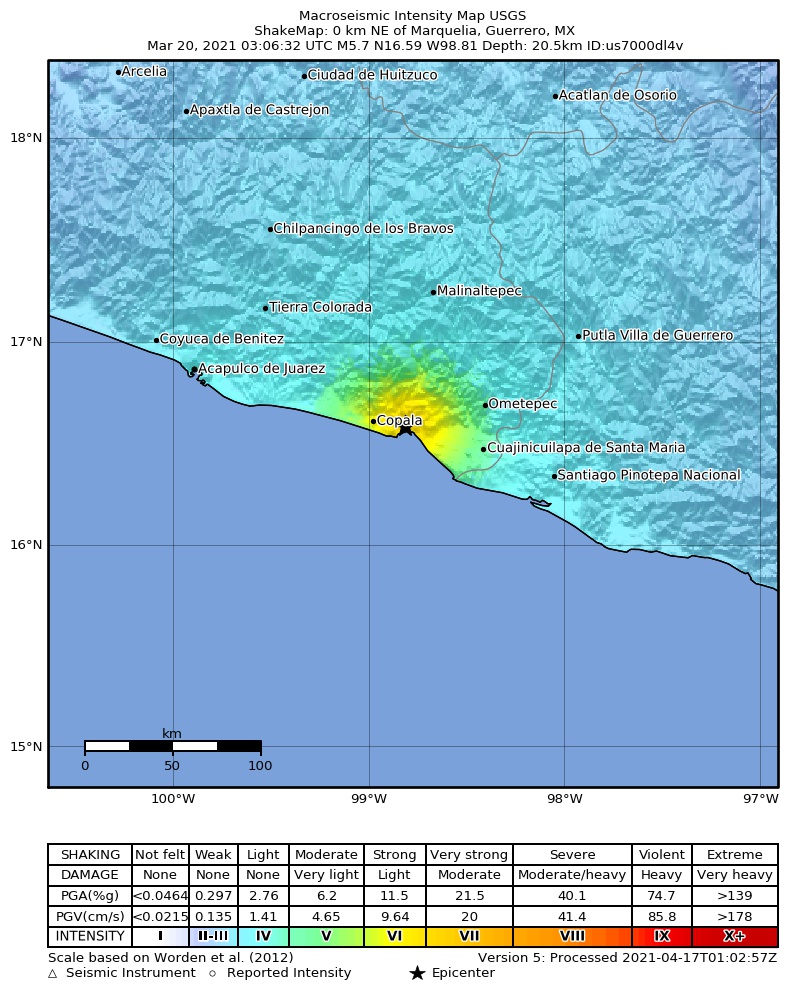 USGS ShakeMap intensity contours for the M5.7 earthquake near 6 km NNW of Marquelia, Mexico