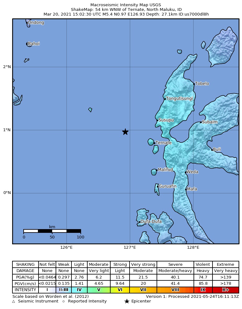 USGS ShakeMap intensity contours for the M5.4 earthquake near 54 km WNW of Ternate, Indonesia