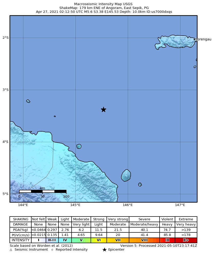 USGS ShakeMap intensity contours for the M5.6 earthquake near 179 km ENE of Angoram, Papua New Guinea