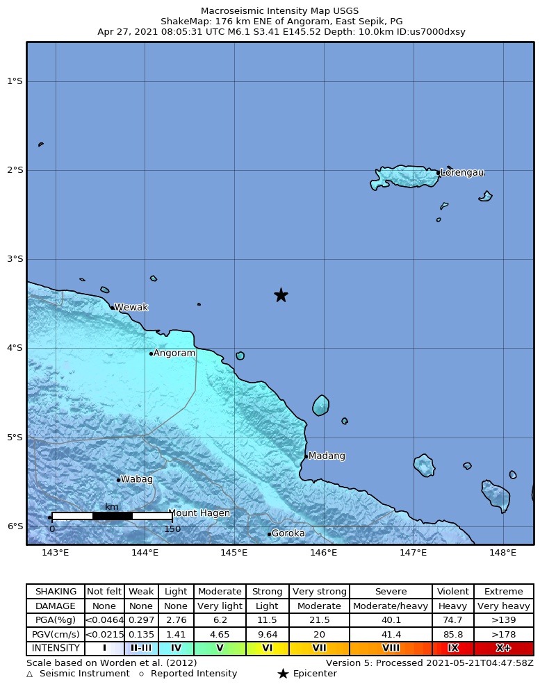 USGS ShakeMap intensity contours for the M6.1 earthquake near 176 km ENE of Angoram, Papua New Guinea