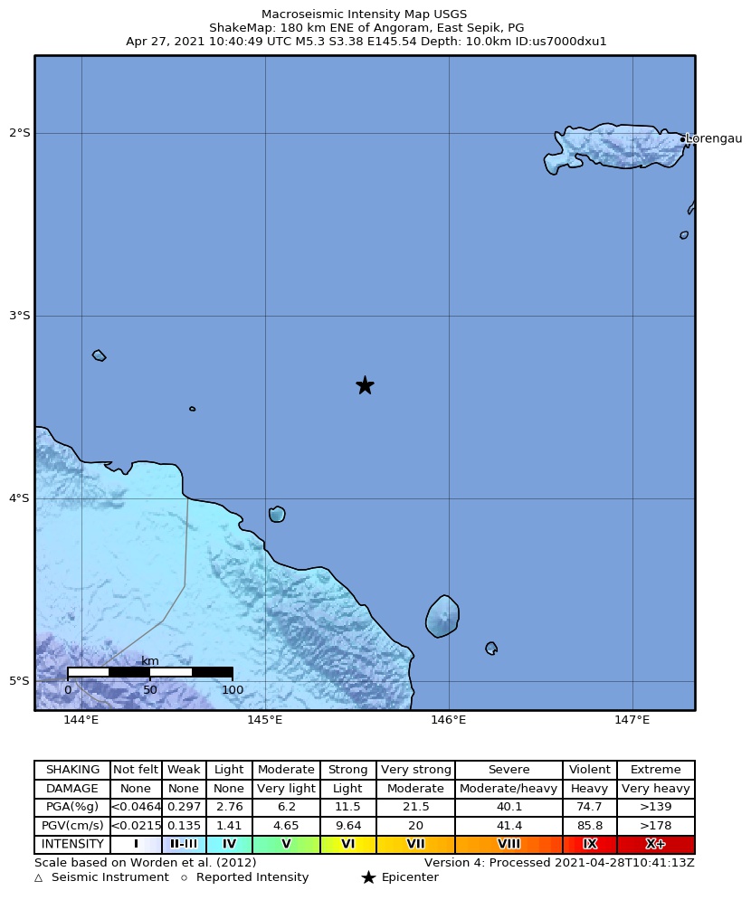 USGS ShakeMap intensity contours for the M5.3 earthquake near 179 km ENE of Angoram, Papua New Guinea