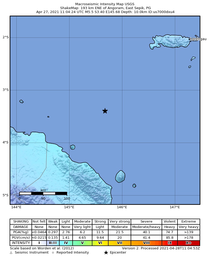 USGS ShakeMap intensity contours for the M5.5 earthquake near 192 km ENE of Angoram, Papua New Guinea