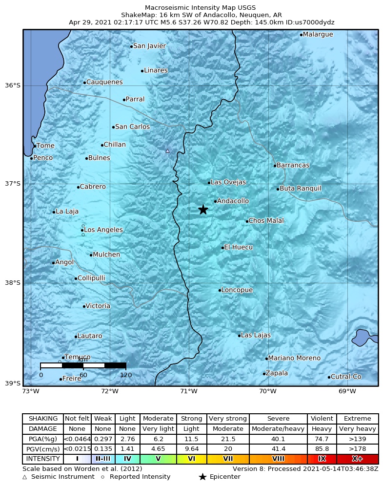 USGS ShakeMap intensity contours for the M5.6 earthquake near 17 km WSW of Andacollo, Argentina