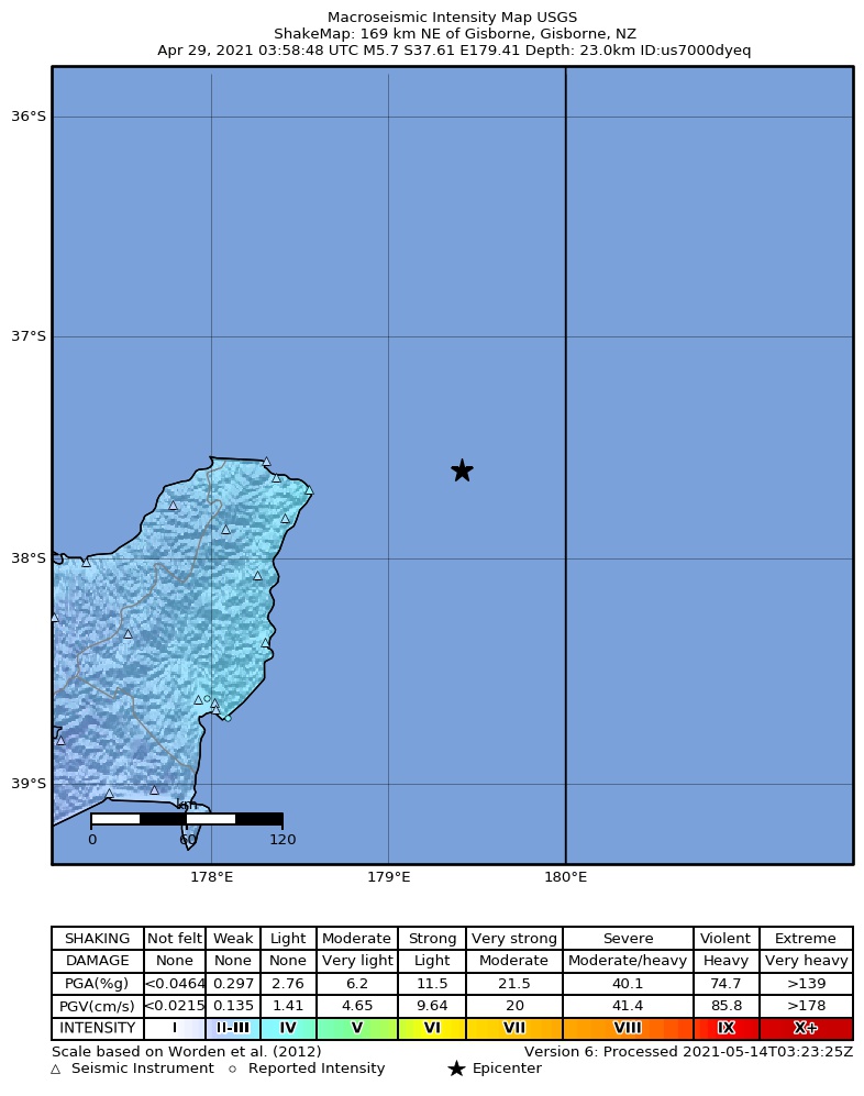 USGS ShakeMap intensity contours for the M5.7 earthquake near 169 km NE of Gisborne, New Zealand