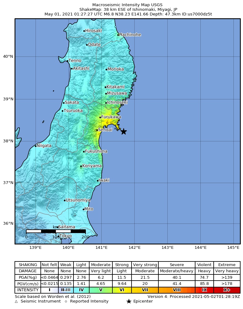 USGS ShakeMap intensity contours for the M6.9 earthquake near 30 km SSE of Onagawa Ch?, Japan