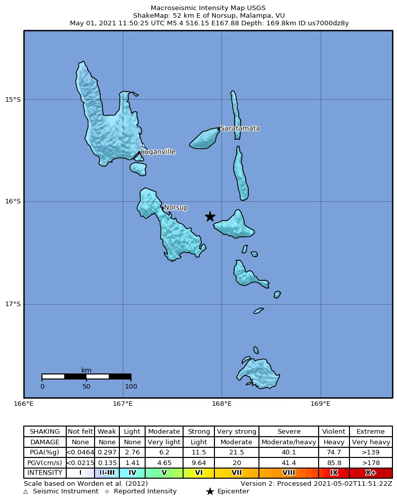 USGS ShakeMap intensity contours for the M5.3 earthquake near 54 km E of Lakatoro, Vanuatu