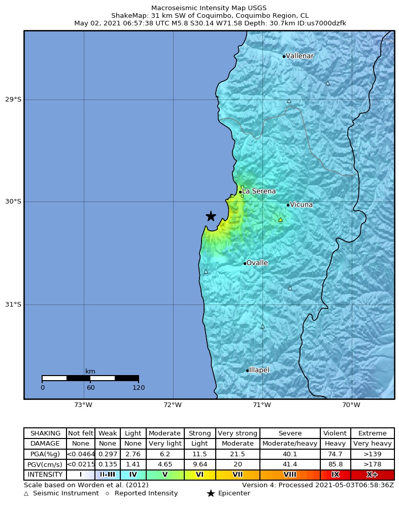 USGS ShakeMap intensity contours for the M5.8 earthquake near 31 km SW of Coquimbo, Chile