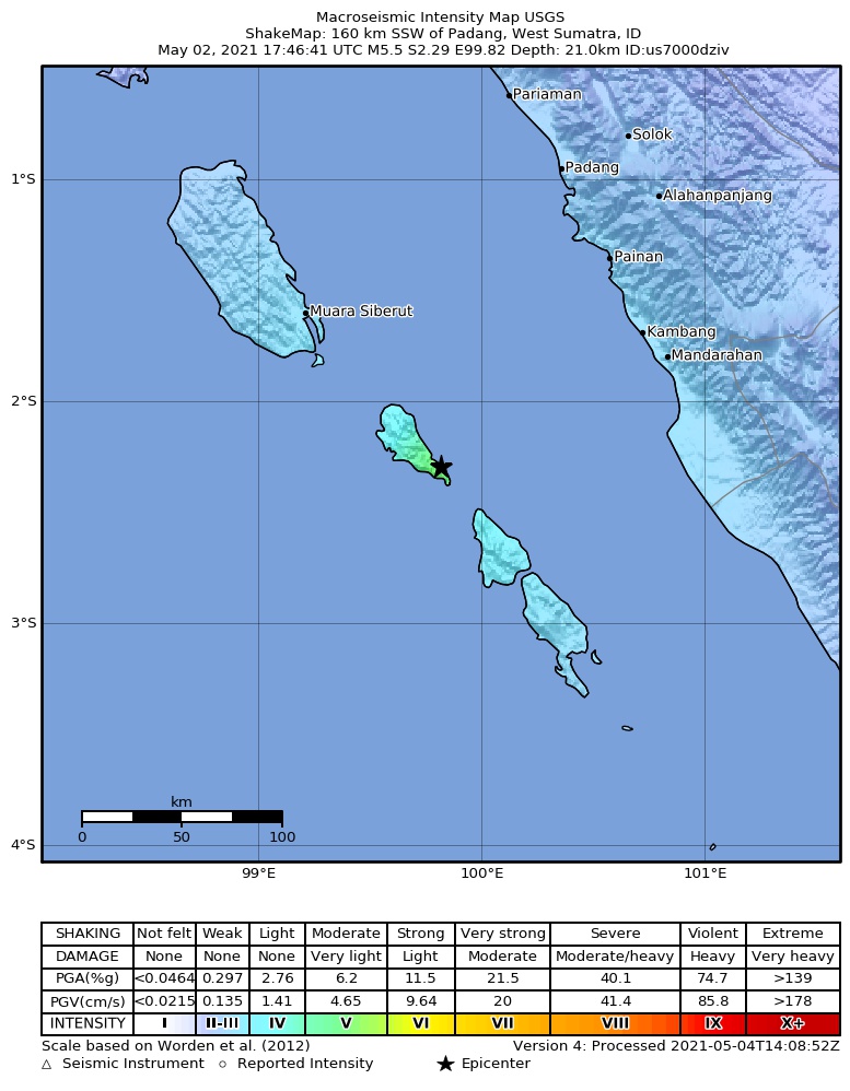 USGS ShakeMap intensity contours for the M5.5 earthquake near Kepulauan Mentawai region, Indonesia