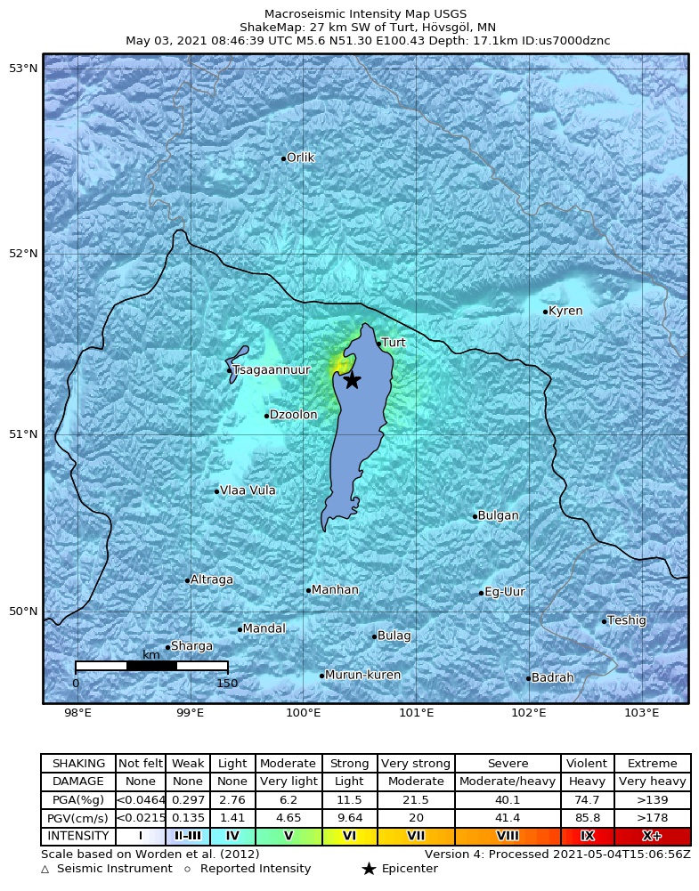 USGS ShakeMap intensity contours for the M5.6 earthquake near 28 km SW of Turt, Mongolia