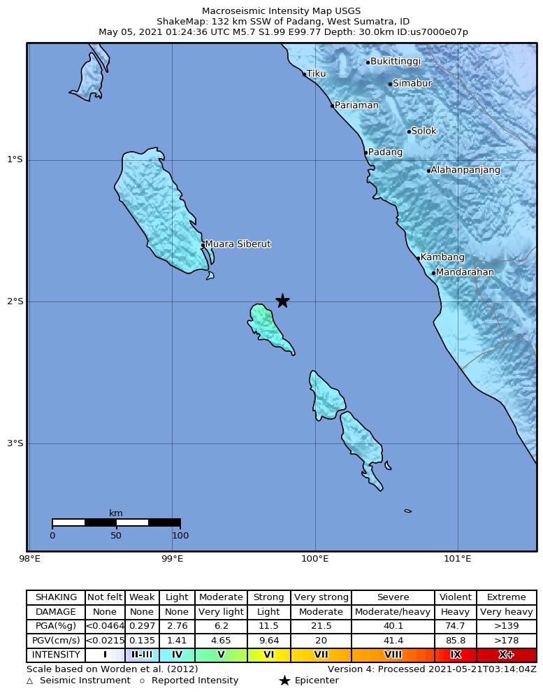 USGS ShakeMap intensity contours for the M5.7 earthquake near 127 km SSW of Padang, Indonesia