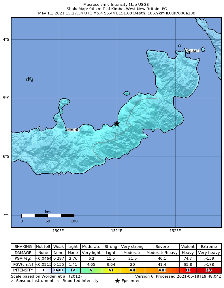 USGS ShakeMap intensity contours for the M5.4 earthquake near 100 km ENE of Kimbe, Papua New Guinea