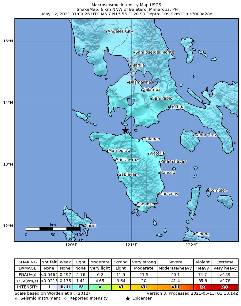 USGS ShakeMap intensity contours for the M5.8 earthquake near 10 km SSW of Tingloy, Philippines