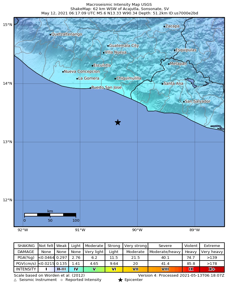 USGS ShakeMap intensity contours for the M5.6 earthquake near 69 km WSW of Acajutla, El Salvador