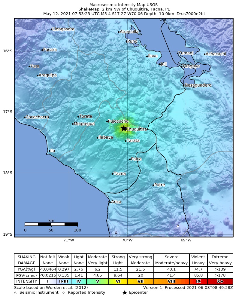 USGS ShakeMap intensity contours for the M5.4 earthquake near 2 km NW of Chuquitira, Peru