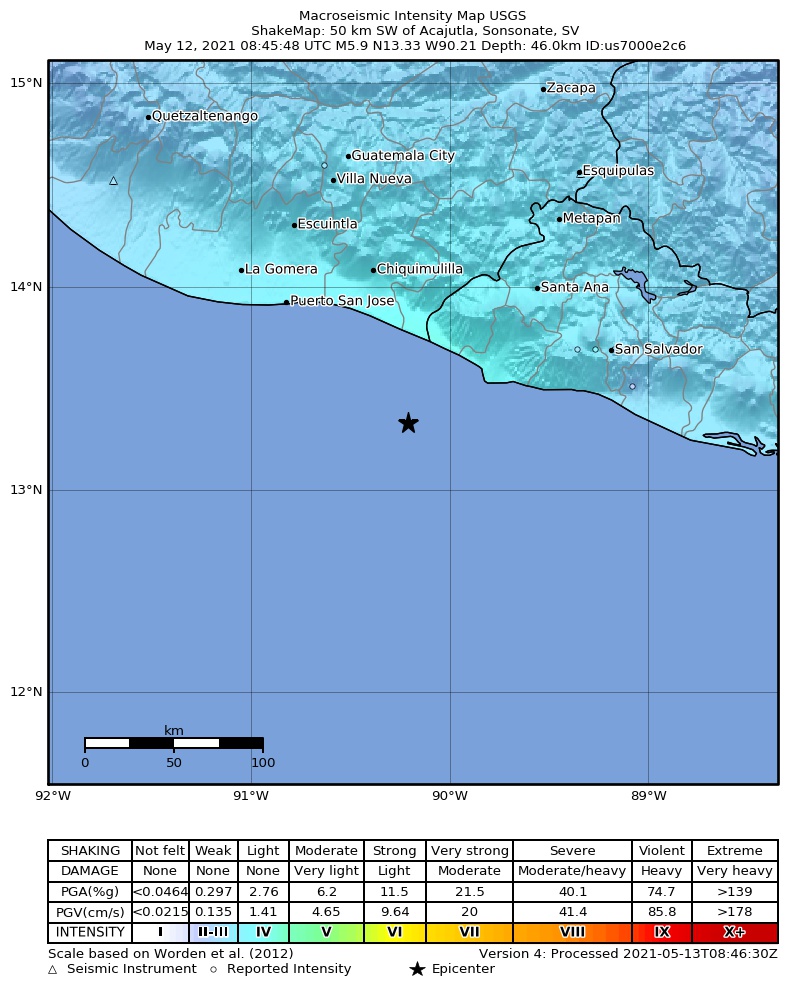 USGS ShakeMap intensity contours for the M6.0 earthquake near 55 km SW of Acajutla, El Salvador