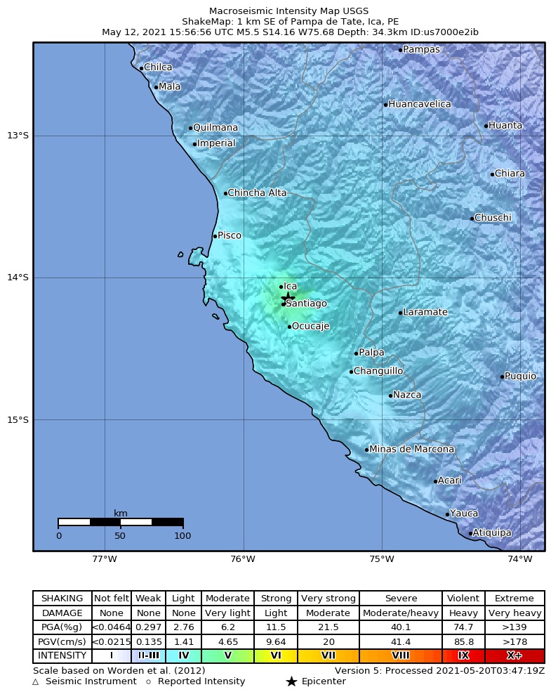 USGS ShakeMap intensity contours for the M5.5 earthquake near 1 km SE of Pampa de Tate, Peru