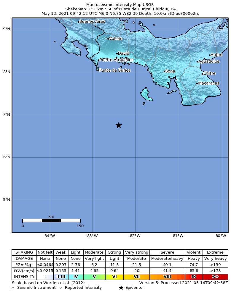 USGS ShakeMap intensity contours for the M6.1 earthquake near 154 km SSE of Punta de Burica, Panama