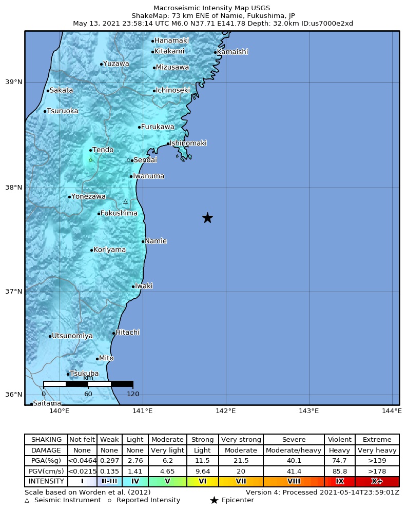 USGS ShakeMap intensity contours for the M6.0 earthquake near 76 km ENE of Namie, Japan