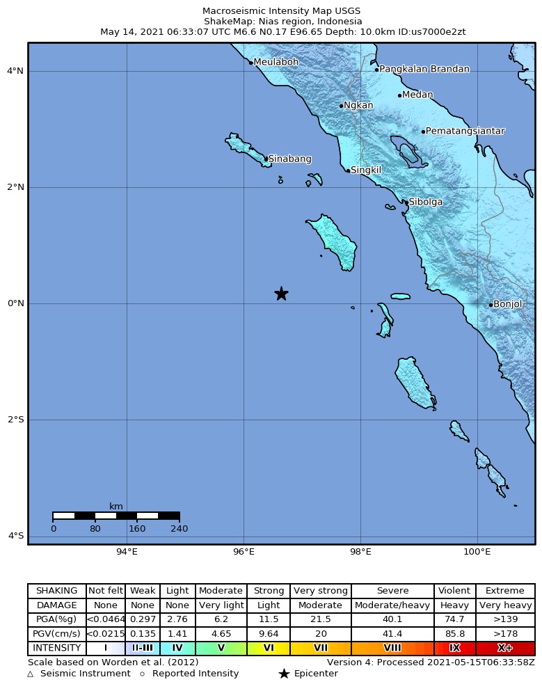 USGS ShakeMap intensity contours for the M6.7 earthquake near 260 km S of Sinabang, Indonesia