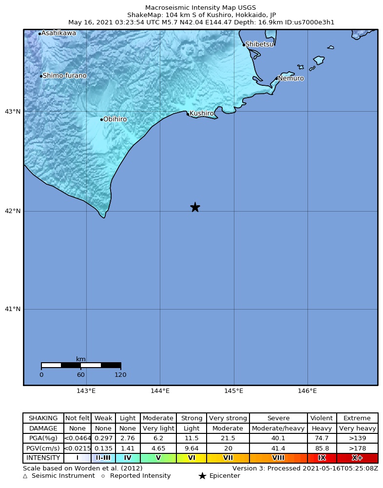 USGS ShakeMap intensity contours for the M5.7 earthquake near 106 km S of Kushiro, Japan