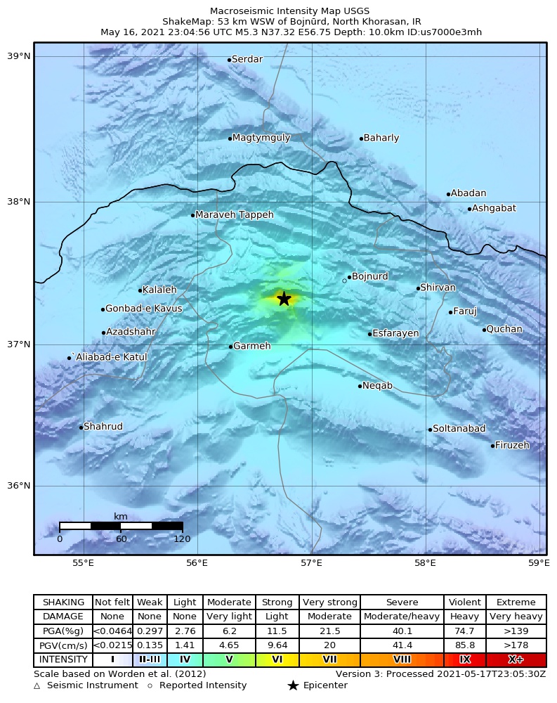 USGS ShakeMap intensity contours for the M5.3 earthquake near 55 km WSW of Bojn?rd, Iran