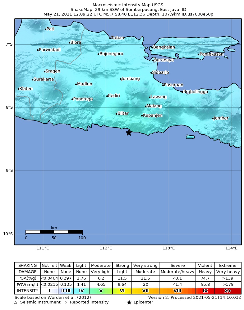 USGS ShakeMap: estimated shaking intensity around the epicenter