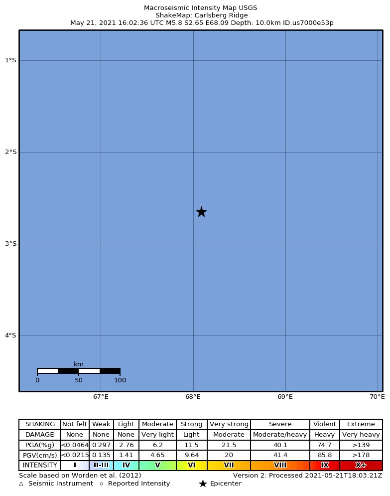 USGS ShakeMap intensity contours for the M5.8 earthquake near Carlsberg Ridge