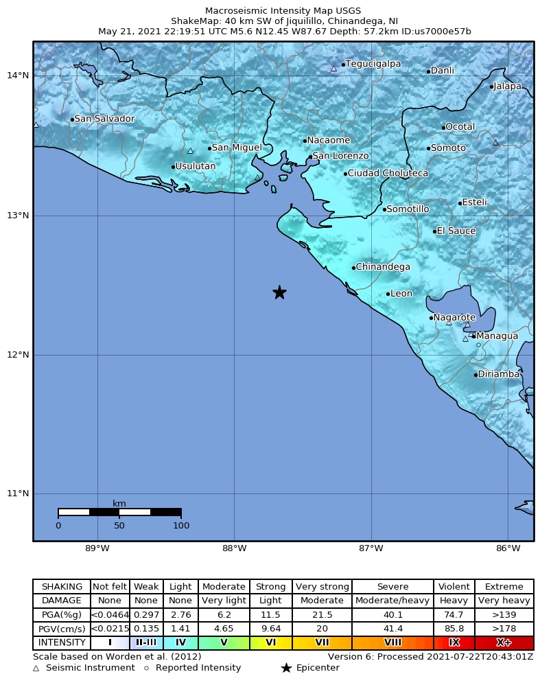 USGS ShakeMap intensity contours for the M5.6 earthquake near 40 km SW of Jiquilillo, Nicaragua