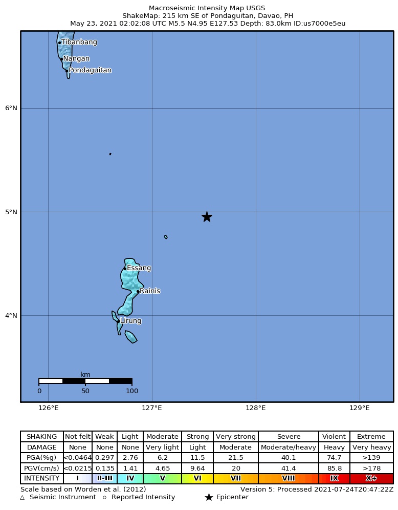 USGS ShakeMap intensity contours for the M5.5 earthquake near 215 km SE of Pondaguitan, Philippines