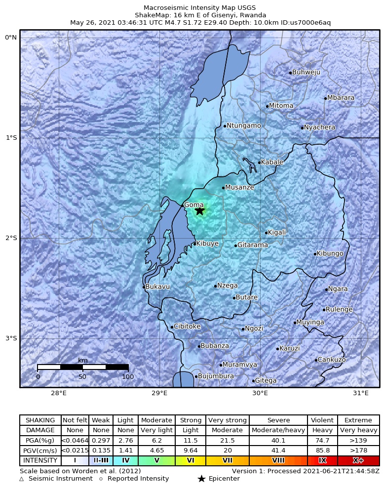 USGS ShakeMap intensity contours for the M4.7 earthquake near 16 km E of Gisenyi, Rwanda