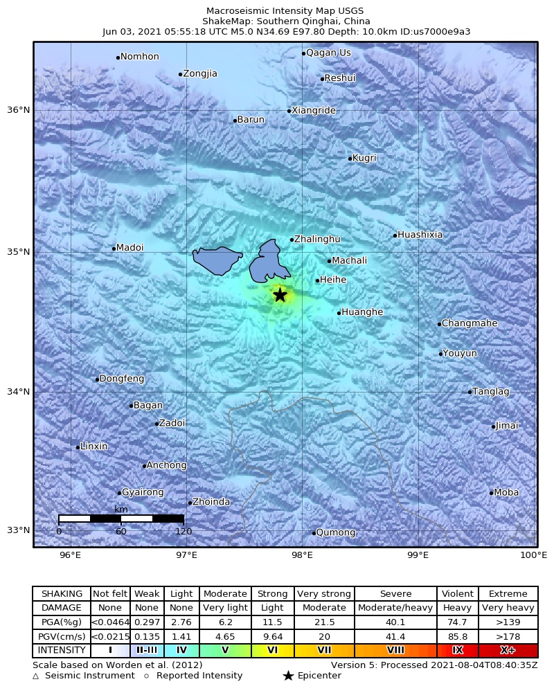 USGS ShakeMap intensity contours for the M5.0 earthquake near Southern Qinghai, China