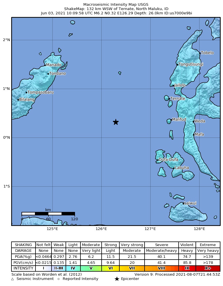 USGS ShakeMap intensity contours for the M6.2 earthquake near 132 km WSW of Ternate, Indonesia
