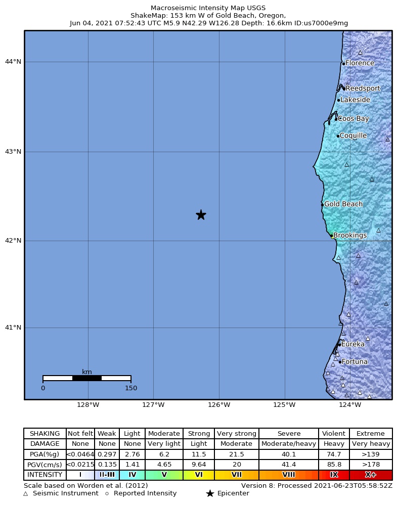 USGS ShakeMap intensity contours for the M5.9 earthquake near 153 km W of Gold Beach, Oregon