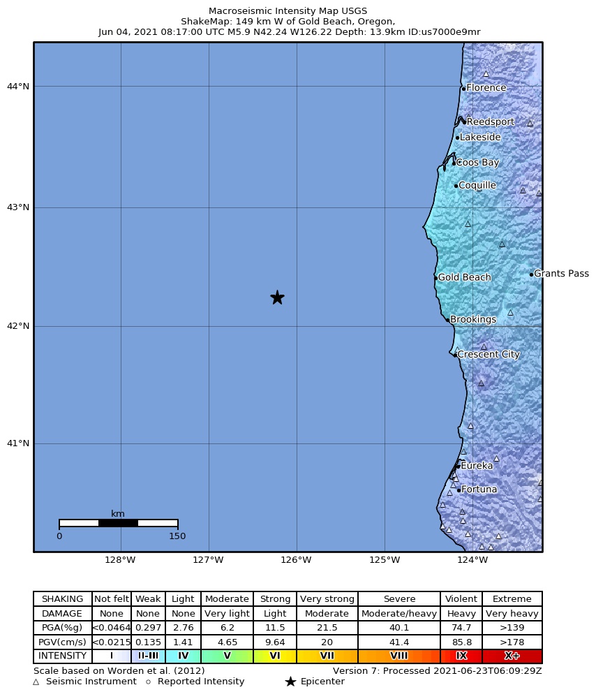 USGS ShakeMap intensity contours for the M5.9 earthquake near 149 km W of Gold Beach, Oregon