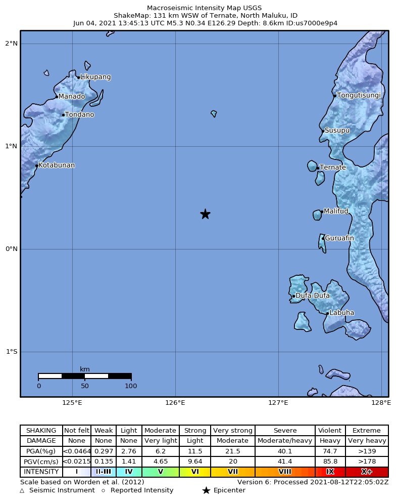 USGS ShakeMap intensity contours for the M5.3 earthquake near Molucca Sea
